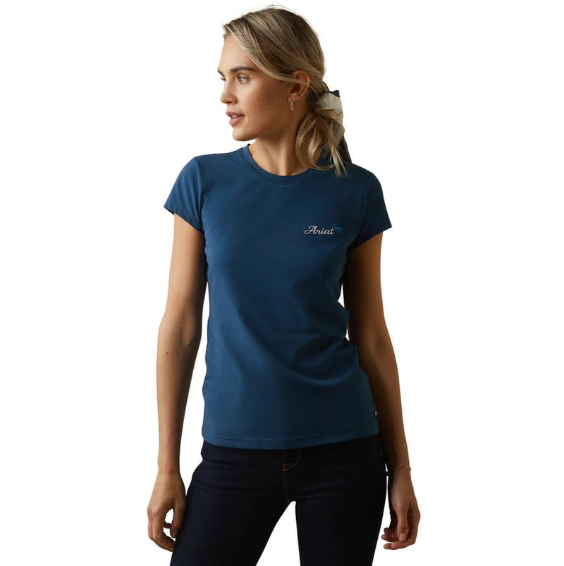 Tee Shirt Ariat Logo Script Short Sleeve S23 Deep Petroleum Ladies-Ascot Saddlery-Ascot Saddlery