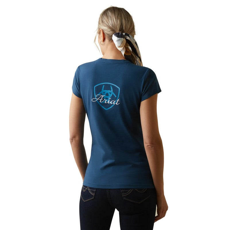 Tee Shirt Ariat Logo Script Short Sleeve S23 Deep Petroleum Ladies-Ascot Saddlery-Ascot Saddlery