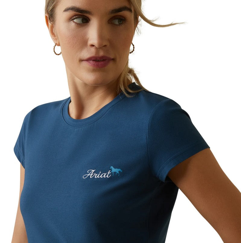 Tee Shirt Ariat Logo Script Short Sleeve S23 Deep Petroleum Ladies-Ascot Saddlery-Ascot Saddlery