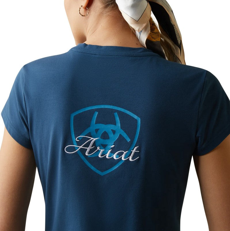 Tee Shirt Ariat Logo Script Short Sleeve S23 Deep Petroleum Ladies-Ascot Saddlery-Ascot Saddlery