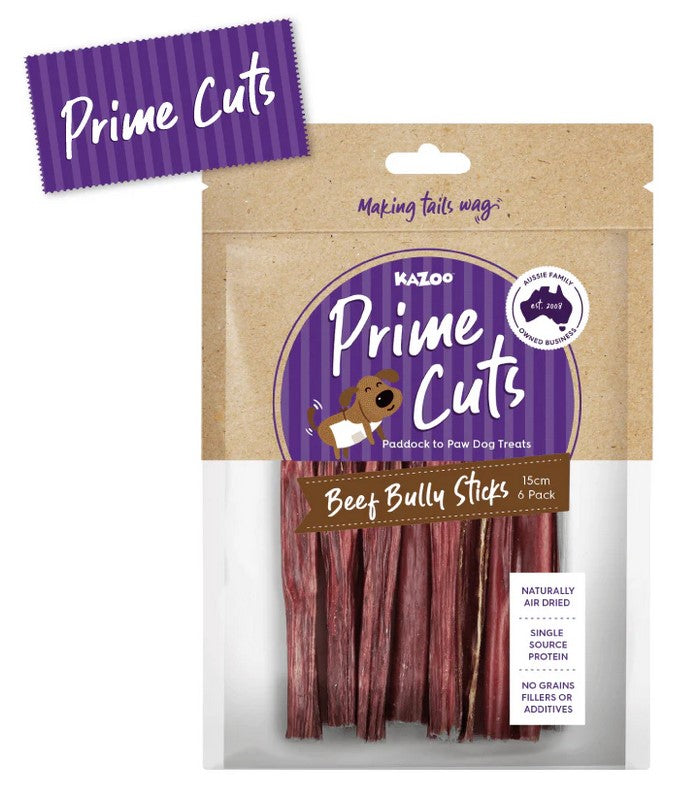 Kazoo Treat Dog Prime Cuts Beef Bully Sticks 15cm 6pack