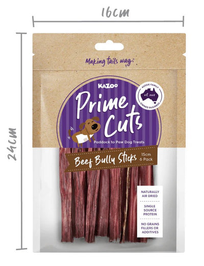 Kazoo Treat Dog Prime Cuts Beef Bully Sticks 15cm 6pack