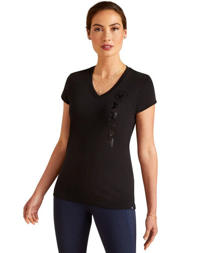 Tee Shirt Ariat Vertical Logo V Neck Short Sleeve S24 Black Ladies [:xs]