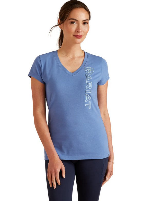 Tee Shirt Ariat Vertical Logo V Neck Short Sleeve S24 Dutch Blue Ladies [:xs]