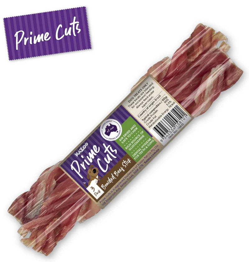 Kazoo Treat Dog Prime Cuts Beef Stick Braided 3 Piece