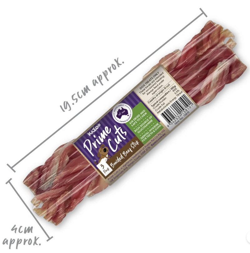 Kazoo Treat Dog Prime Cuts Beef Stick Braided 3 Piece