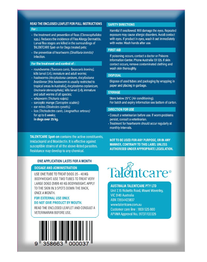 Talentcare Spot On Dog Over 25kg 6 Pack-Dog Wormer & Flea-Ascot Saddlery