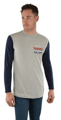 Wrangler Tee Shirt Brando Long Sleeve Grey Marle Navy Mens-CLOTHING: Clothing Mens-Ascot Saddlery